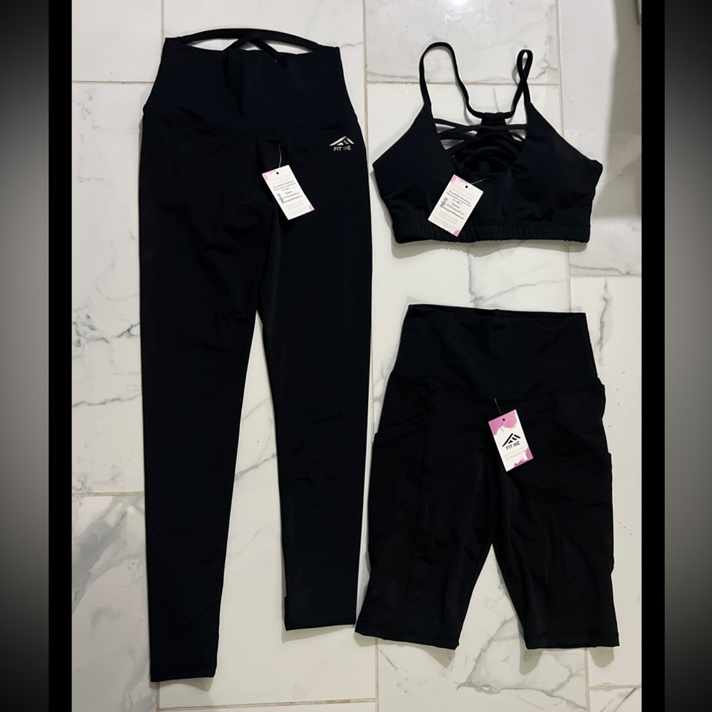 Fit Me Women’s 3 Pieces Blue Sports Set,Bra, Leggings and Shorts, Strech Size M